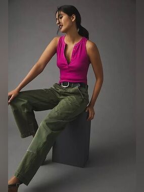 Anthropologie Pilcro Andie Ribbed Sleeveless Henley Tank in Raspberry